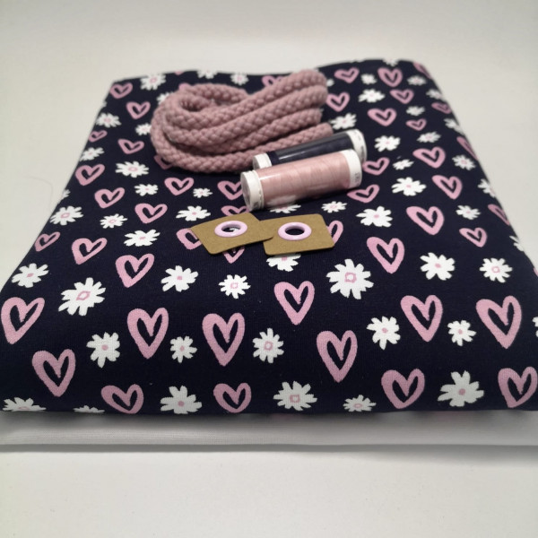 Stoffpaket Mädchen "Herzen & Blümchen": Hoodiekleid, Gr. 116-152
