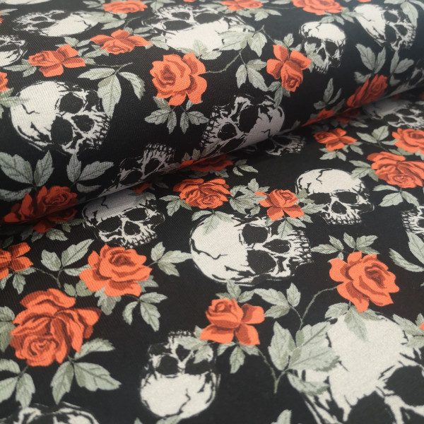 Baumwolljersey Totenkopf mit Blüten